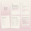 Six page peek inside The Soft Return showing cover, pillars, daily page, weekly check in, mother vault, and AI recovery coach page