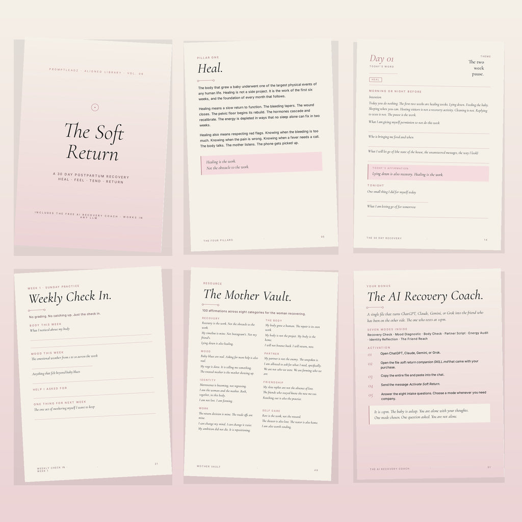 Six page peek inside The Soft Return showing cover, pillars, daily page, weekly check in, mother vault, and AI recovery coach page