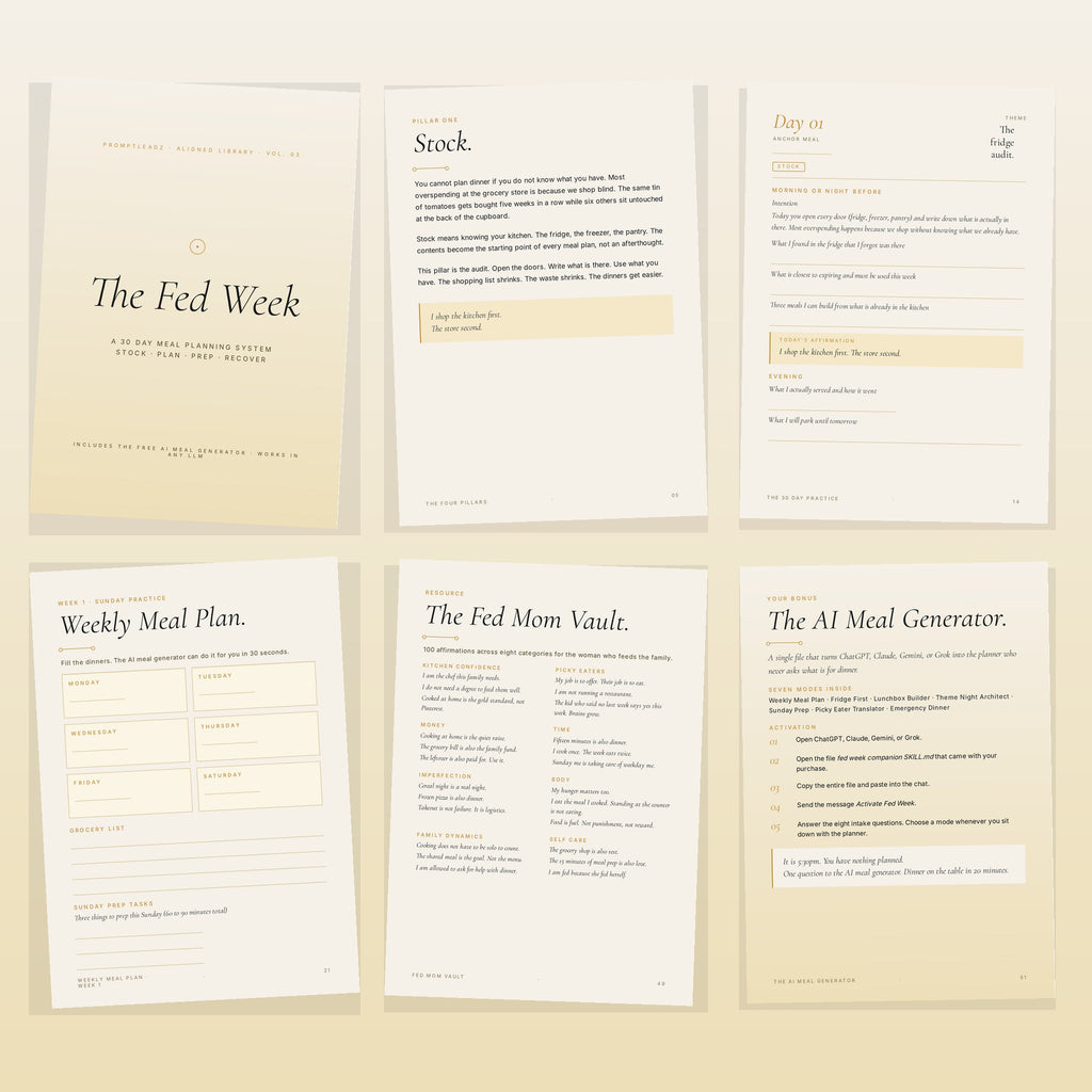 Six page peek inside The Fed Week showing cover, pillars, daily page, weekly meal plan, affirmation vault, and AI meal generator page