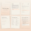 Six page peek inside The First Bites showing cover, pillars, daily page, weekly food log, feeding vault, and AI feeding coach page