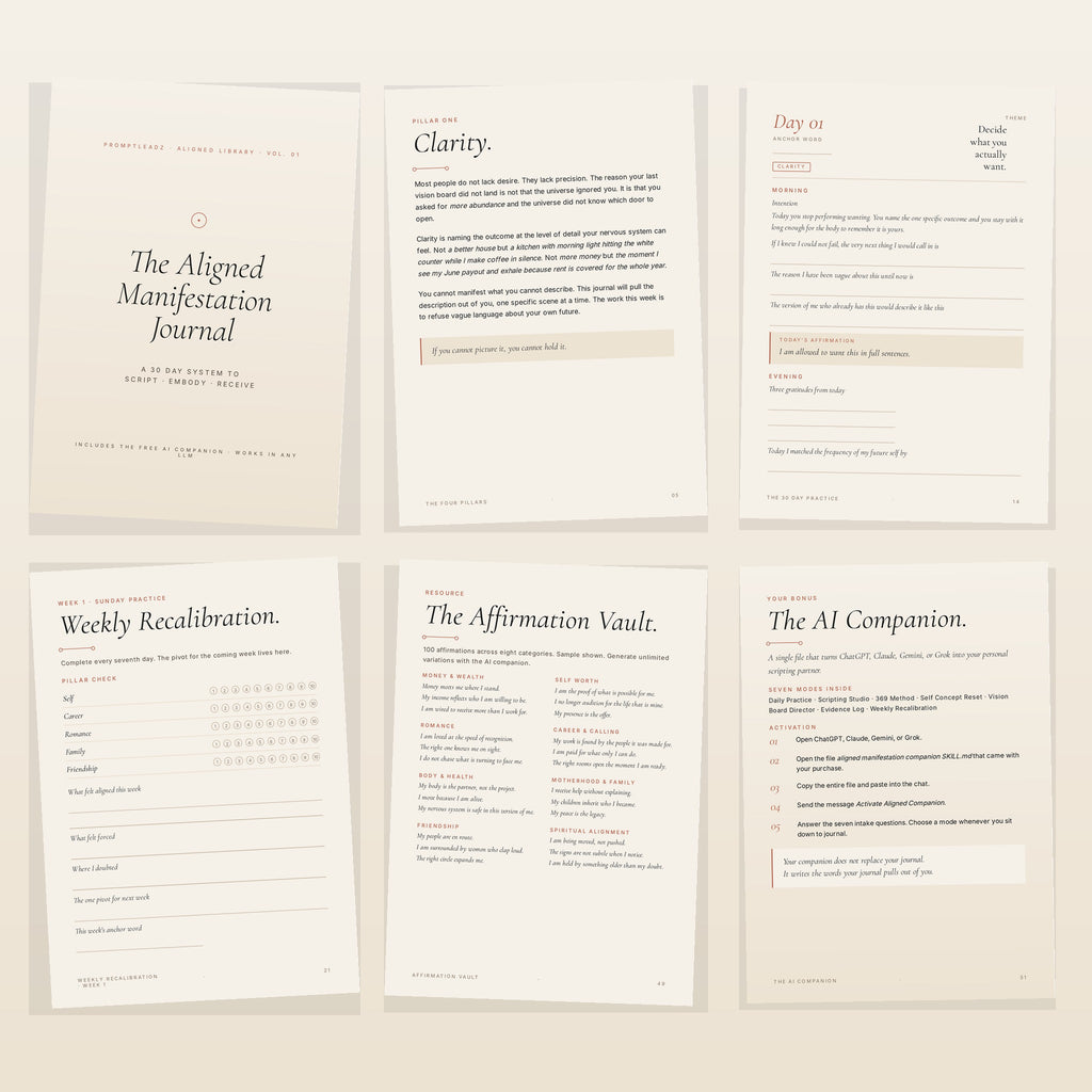 Six page peek inside The Aligned Manifestation Journal showing cover, pillars, daily page, weekly recalibration, affirmation vault, and AI companion page