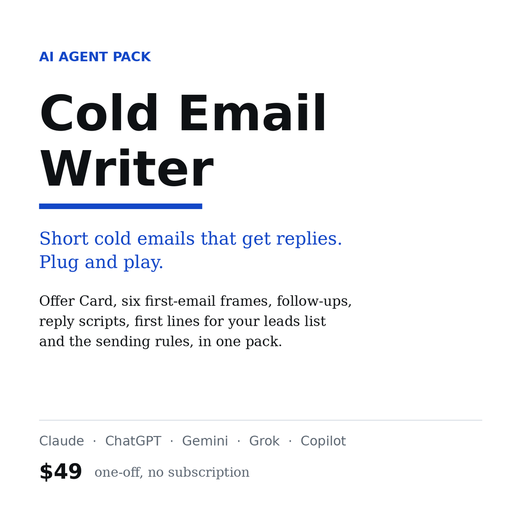 Cold Email Writer, AI agent pack for Claude, ChatGPT and Gemini, $49