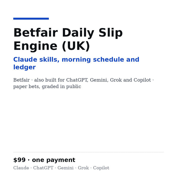 Betfair Daily Slip Engine (UK): Claude skills, morning schedule and ledger, plus ChatGPT, Gemini, Grok and Copilot builds