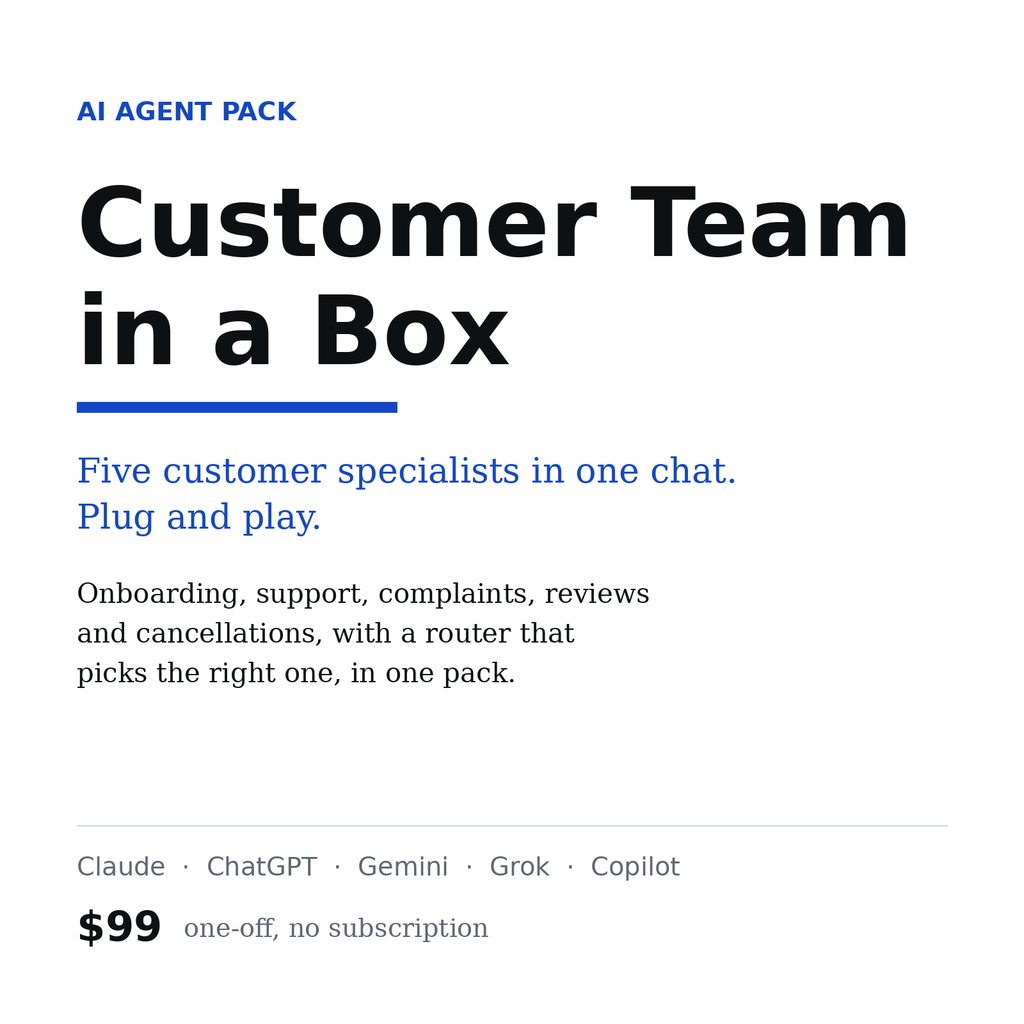 Customer Team in a Box, AI agent pack for Claude, ChatGPT and Gemini, $99