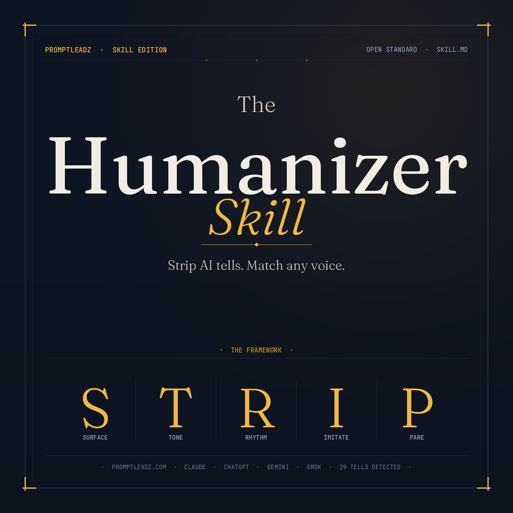 The Humanizer Skill — strip AI tells from any draft. STRIP framework: Surface, Tone, Rhythm, Imitate voice, Pare back. Works with Claude, ChatGPT, Gemini, and Grok.