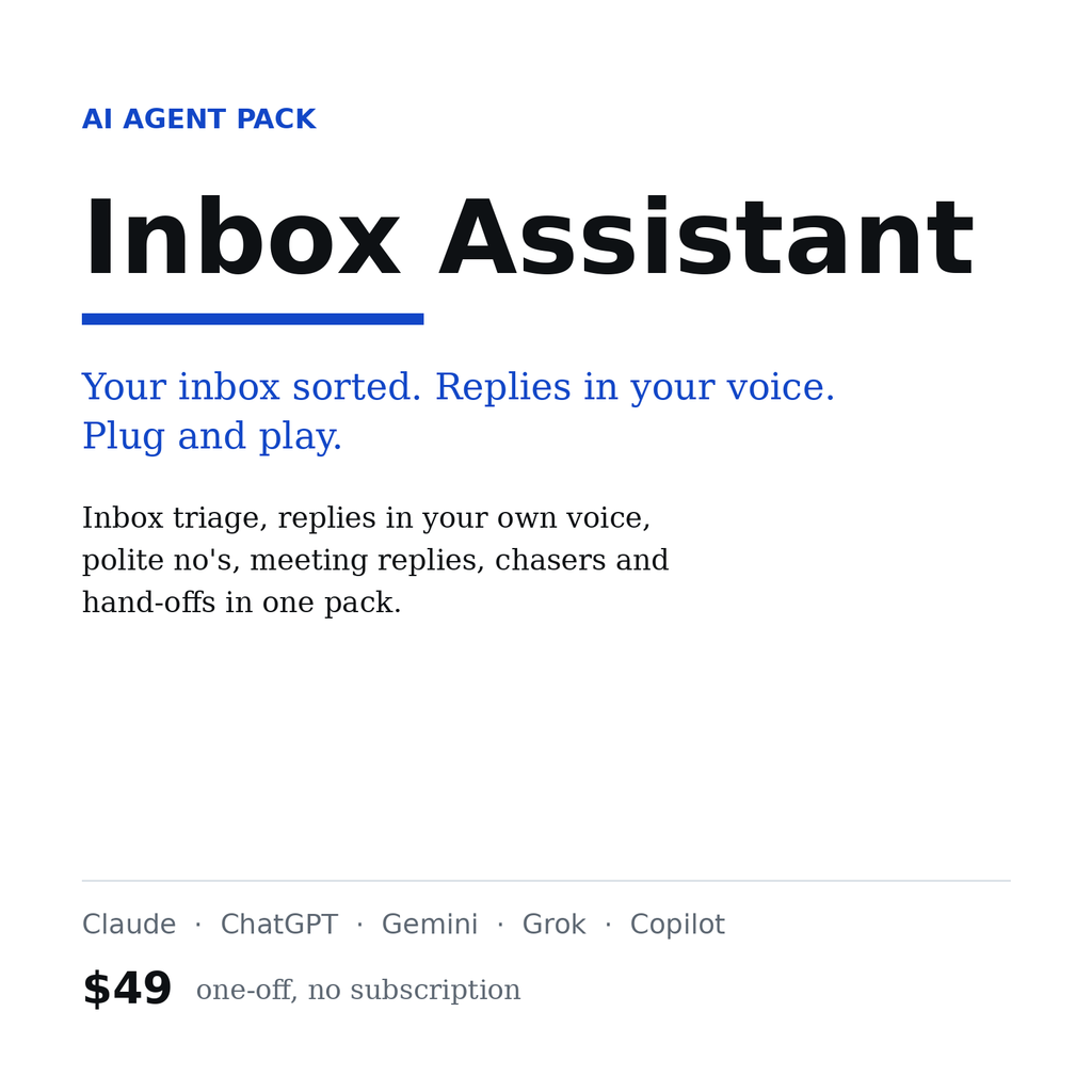 Inbox Assistant, AI agent pack for Claude, ChatGPT and Gemini, $49