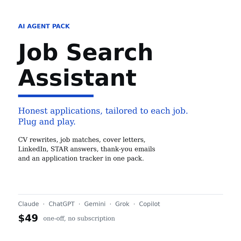 Job Search Assistant, AI agent pack for Claude, ChatGPT and Gemini, $49