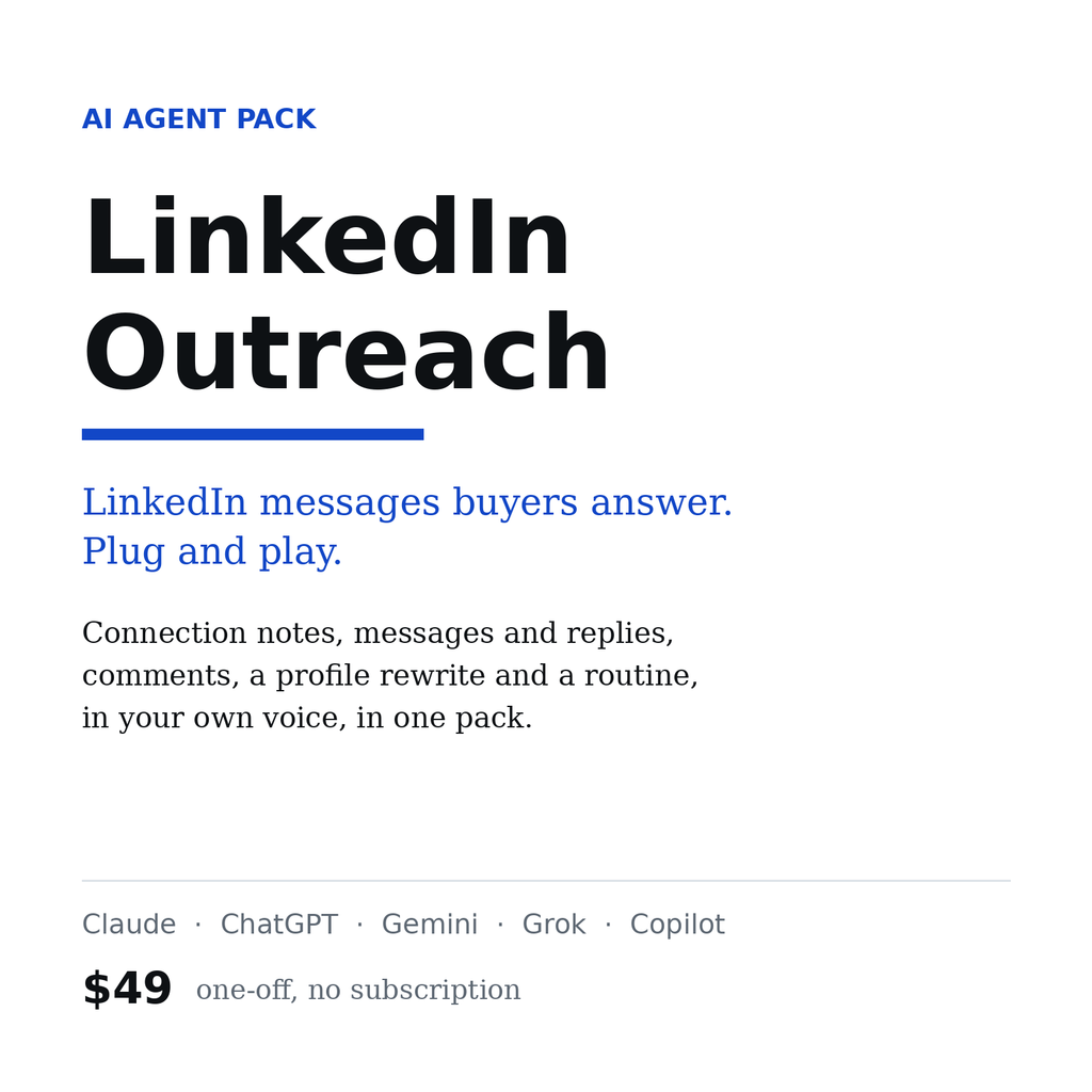 LinkedIn Outreach, AI agent pack for Claude, ChatGPT and Gemini, $49