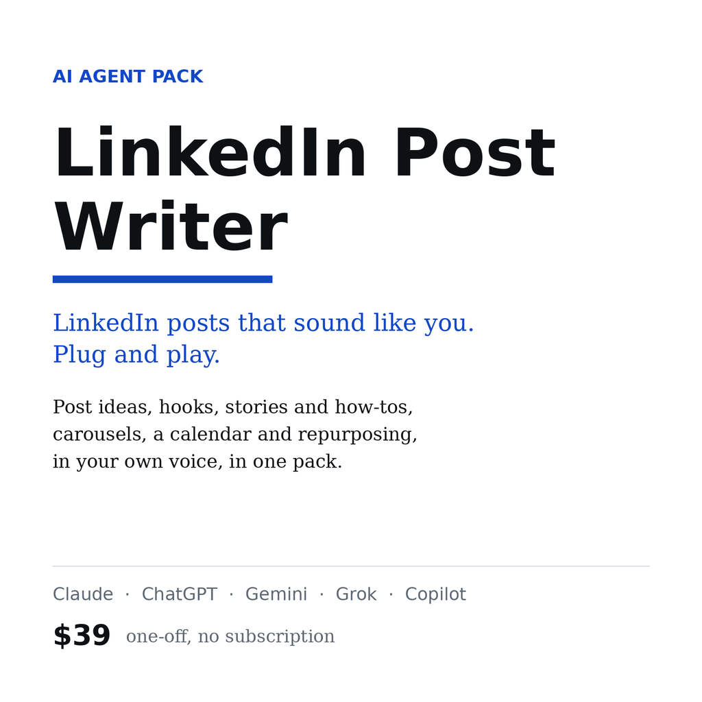 LinkedIn Post Writer, AI agent pack for Claude, ChatGPT and Gemini, $39