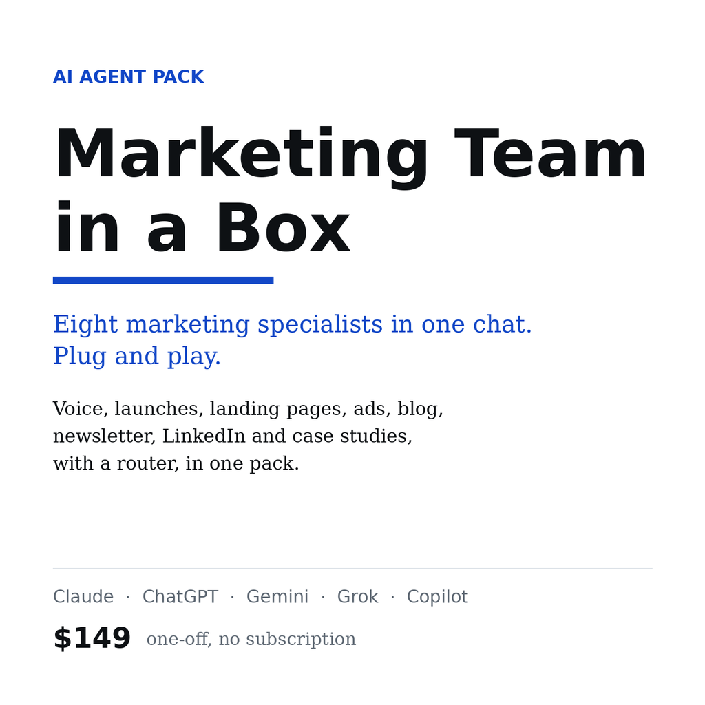 Marketing Team in a Box, AI agent pack for Claude, ChatGPT and Gemini, $149