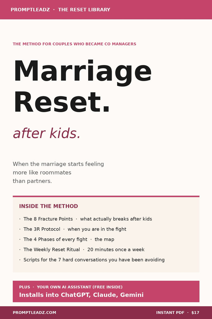 Marriage Reset After Kids. The method for couples who became co managers. Inside the method. PromptLeadz instant PDF $17.