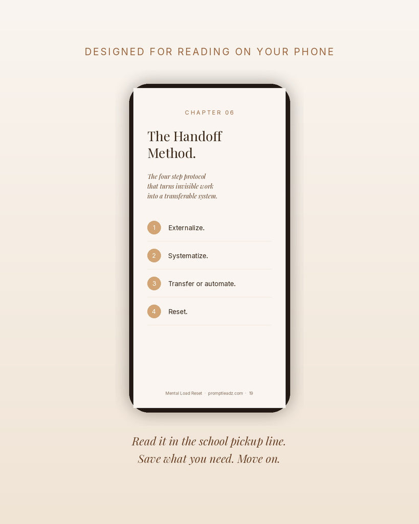 Mental Load Reset on phone · The Handoff Method four step protocol