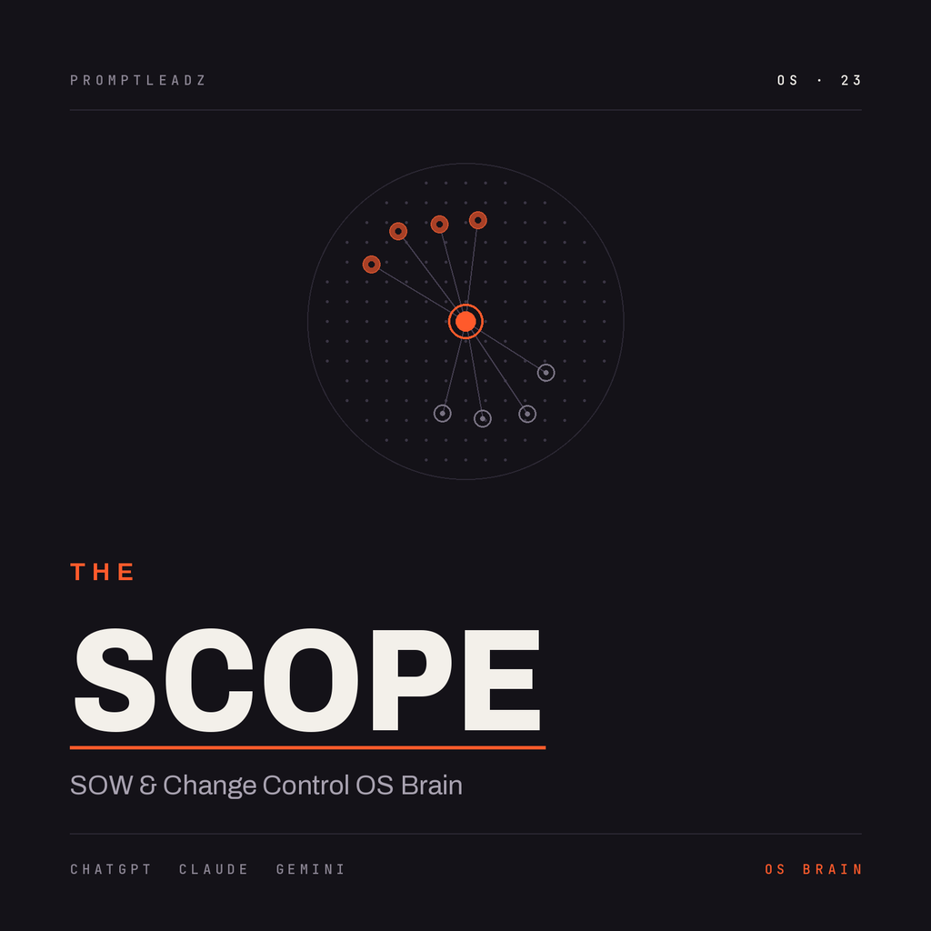 THE SCOPE — SOW and Change Control OS Brain cover, PromptLeadz