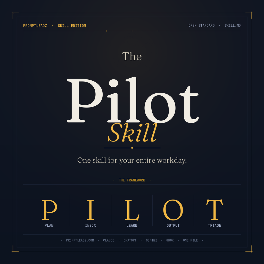 The Pilot Skill — one SKILL.md file with five modes: Plan, Inbox, Learn, Output, Triage. Works with Claude, ChatGPT, Gemini, and Grok.