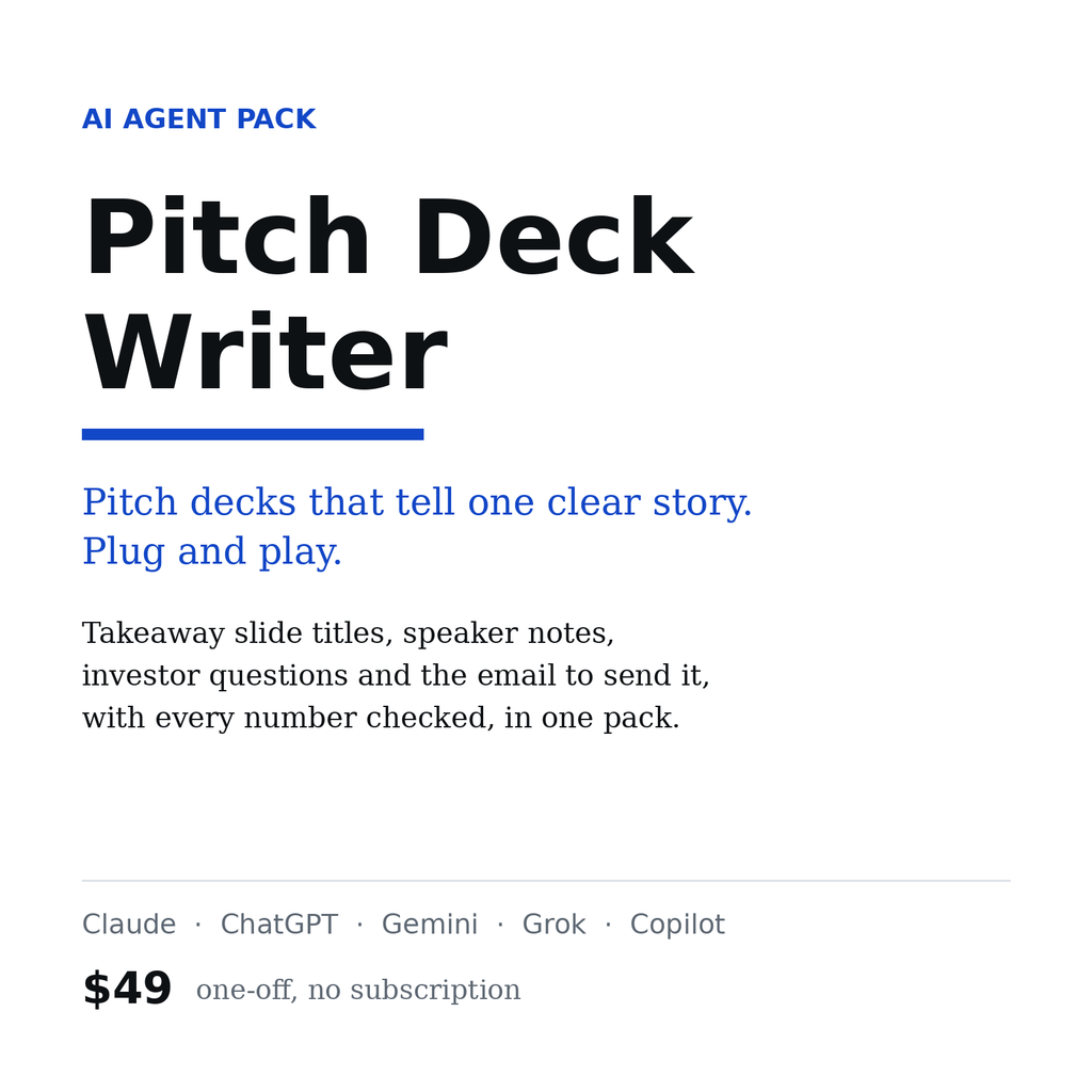 Pitch Deck Writer, AI agent pack for Claude, ChatGPT and Gemini, $49