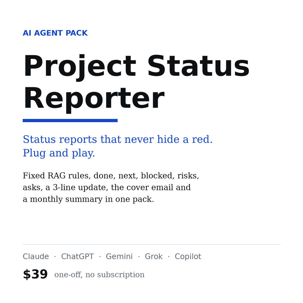 Project Status Reporter, AI agent pack for Claude, ChatGPT and Gemini, $39