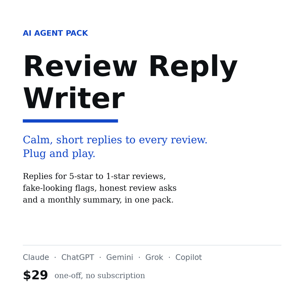 Review Reply Writer, AI agent pack for Claude, ChatGPT and Gemini, $29