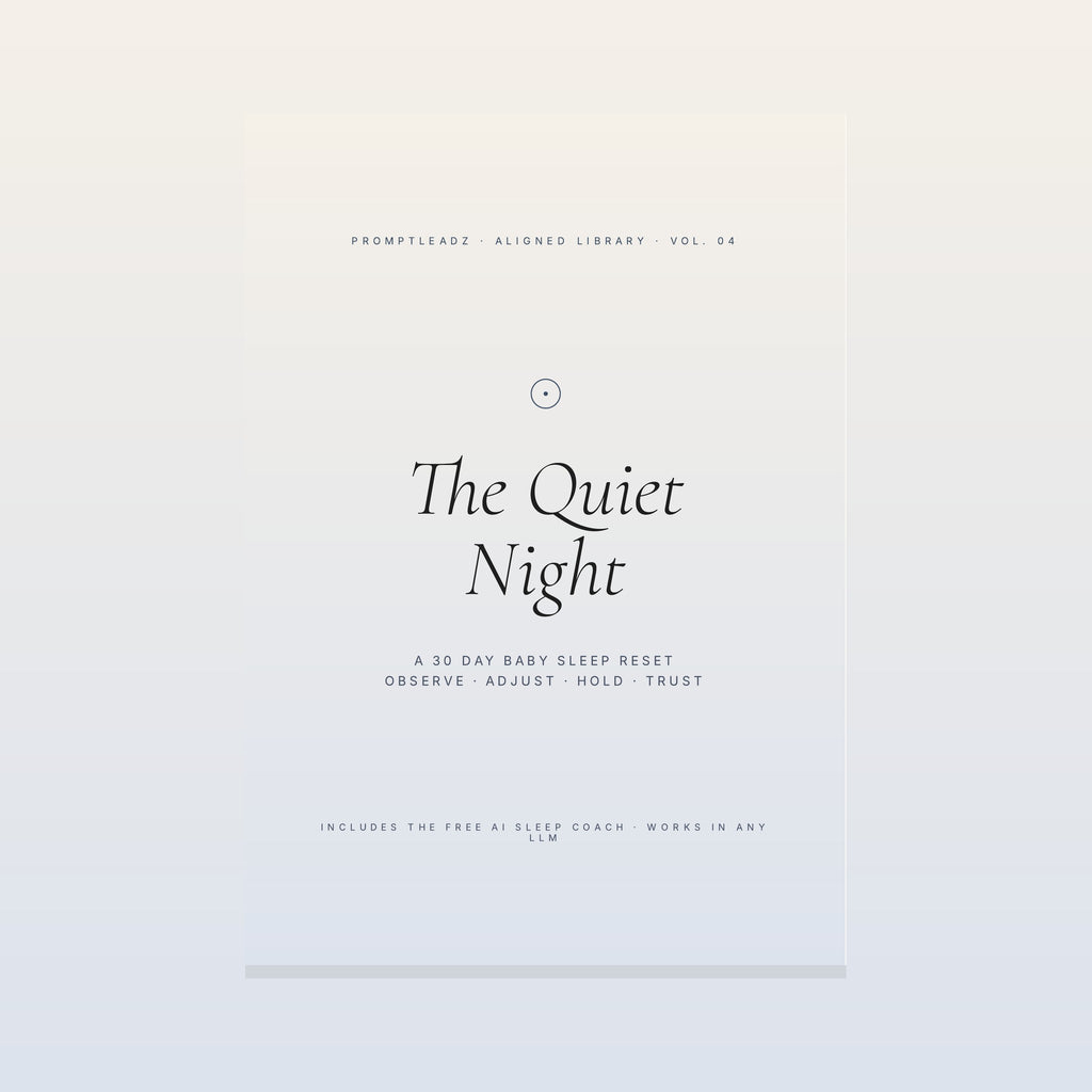 The Quiet Night baby sleep reset cover, cream and midnight blue, italic serif title