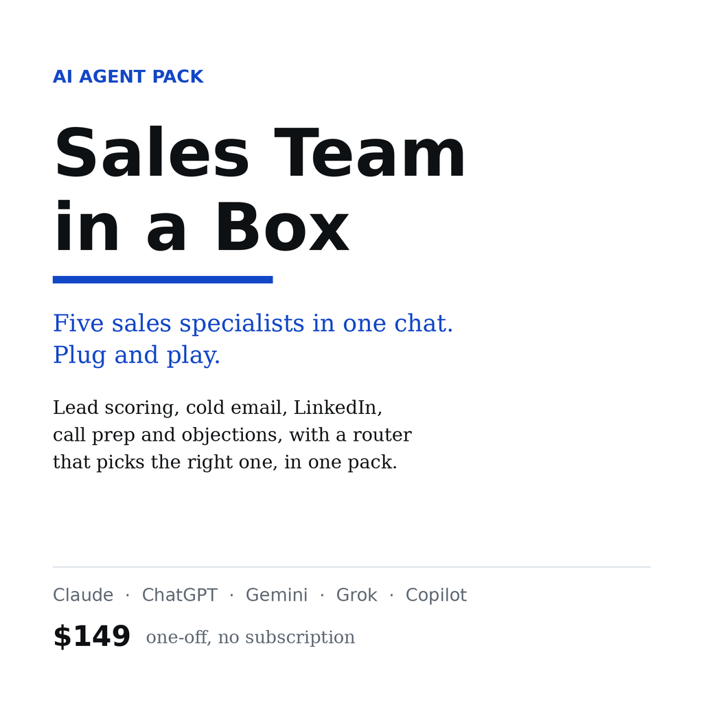 Sales Team in a Box, five AI sales agents for Claude, ChatGPT and Gemini, $149