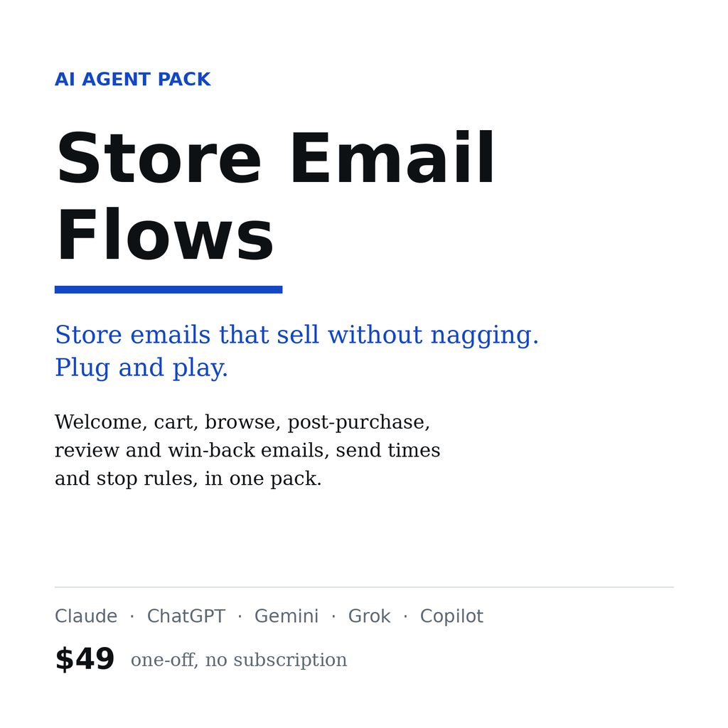 Store Email Flows, AI agent pack for Claude, ChatGPT and Gemini, $49
