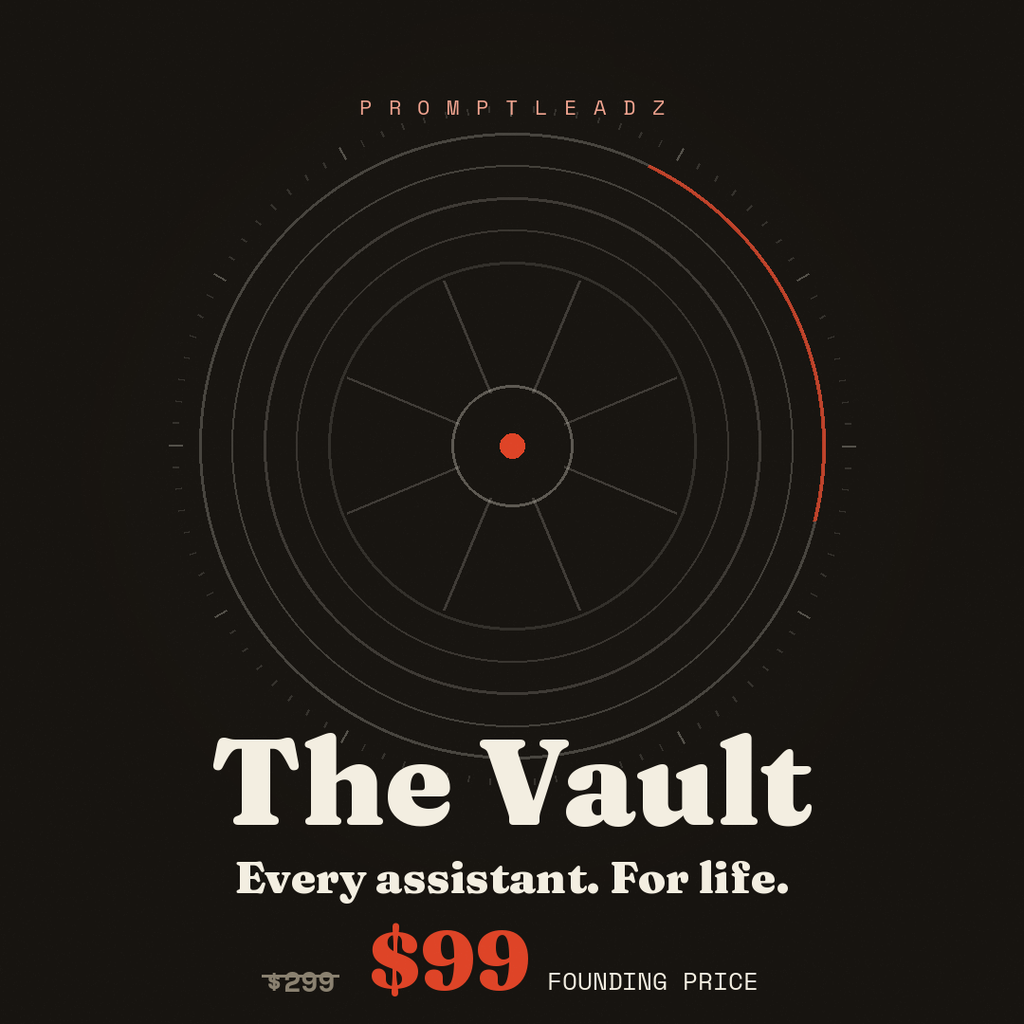 The Vault by PromptLeadz, lifetime access to every AI assistant in the library for a one time founding price of $99, down from $299, works in ChatGPT, Claude, Gemini and Copilot