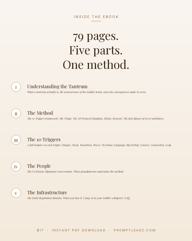 Inside the ebook - 79 pages, five parts, one method, $17 instant PDF download