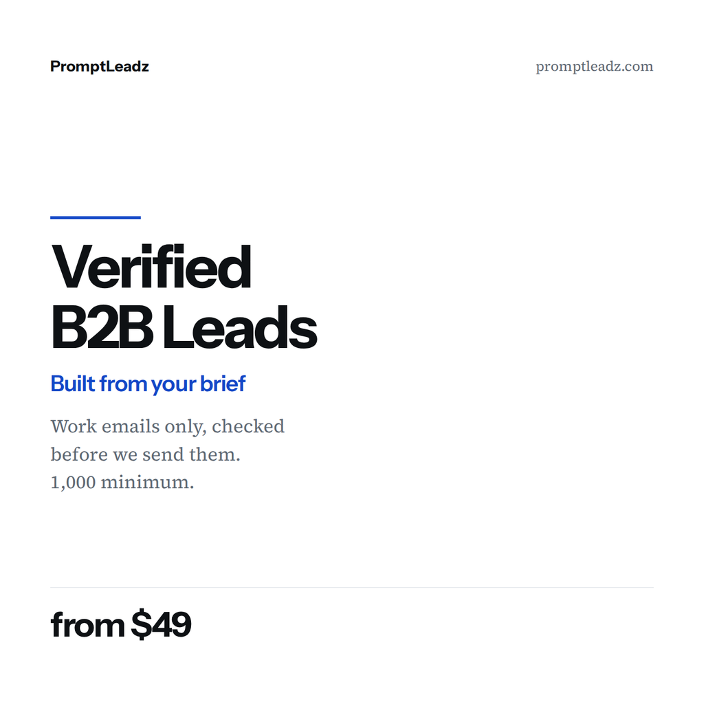 Verified B2B Leads. Built from your brief, work emails checked before we send them. From $49 for 1,000.