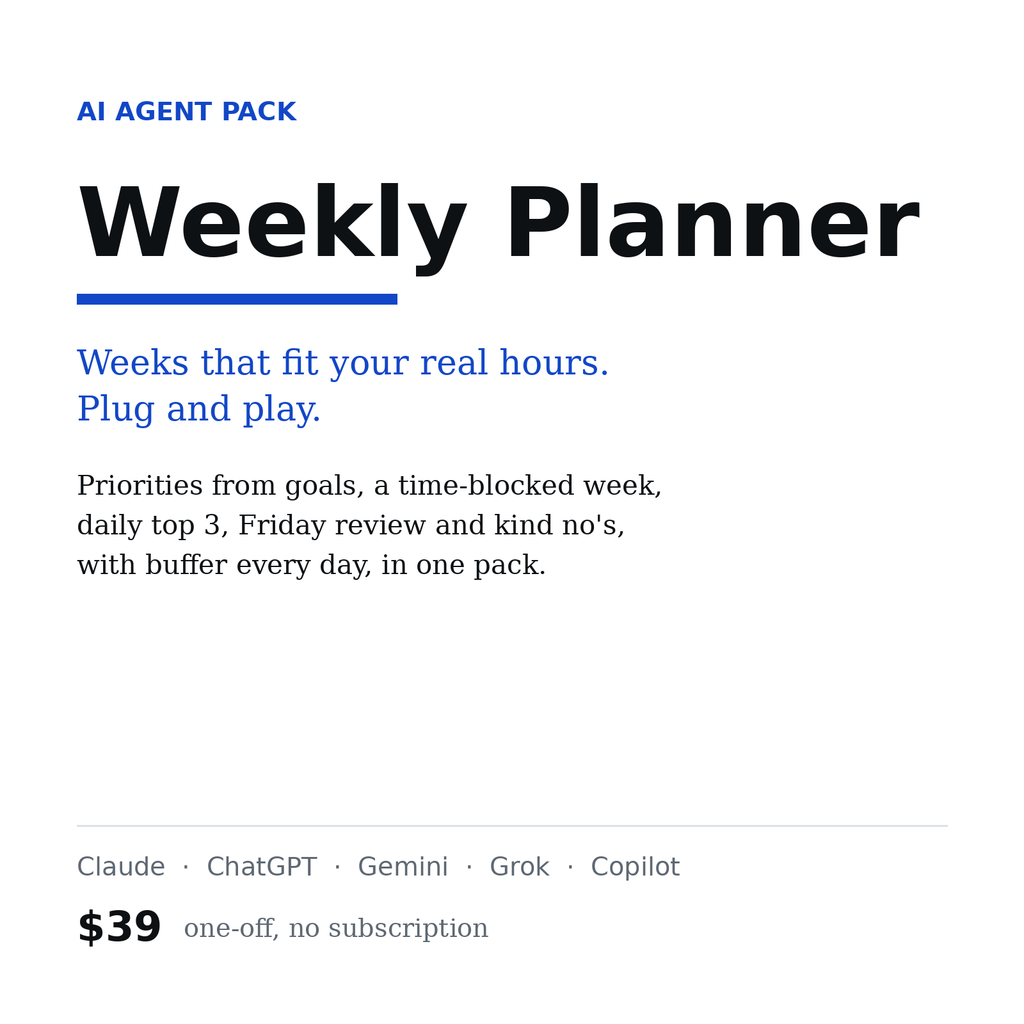 Weekly Planner, AI agent pack for Claude, ChatGPT and Gemini, $39