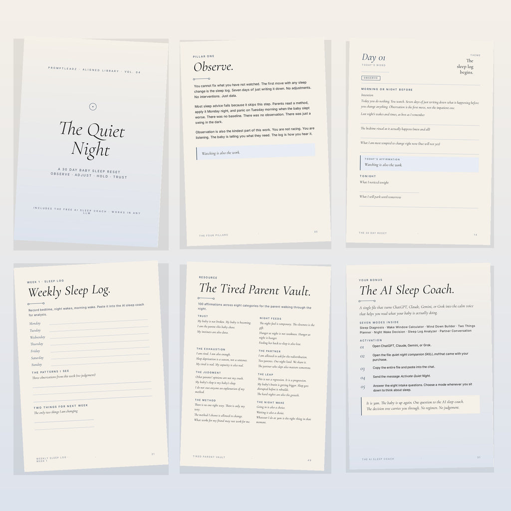 Six page peek inside The Quiet Night showing cover, pillars, daily page, weekly sleep log, affirmation vault, and AI sleep coach page